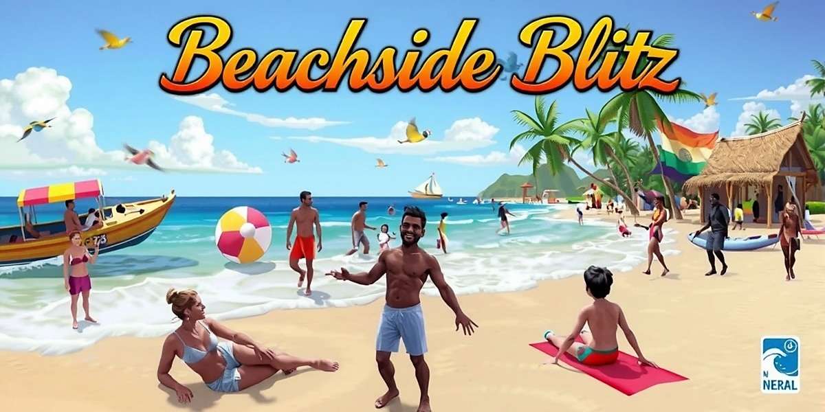 Beachside Blitz Official Cover Beachside Blitz game cover showing Indian beach scene with players enjoying various beach activities