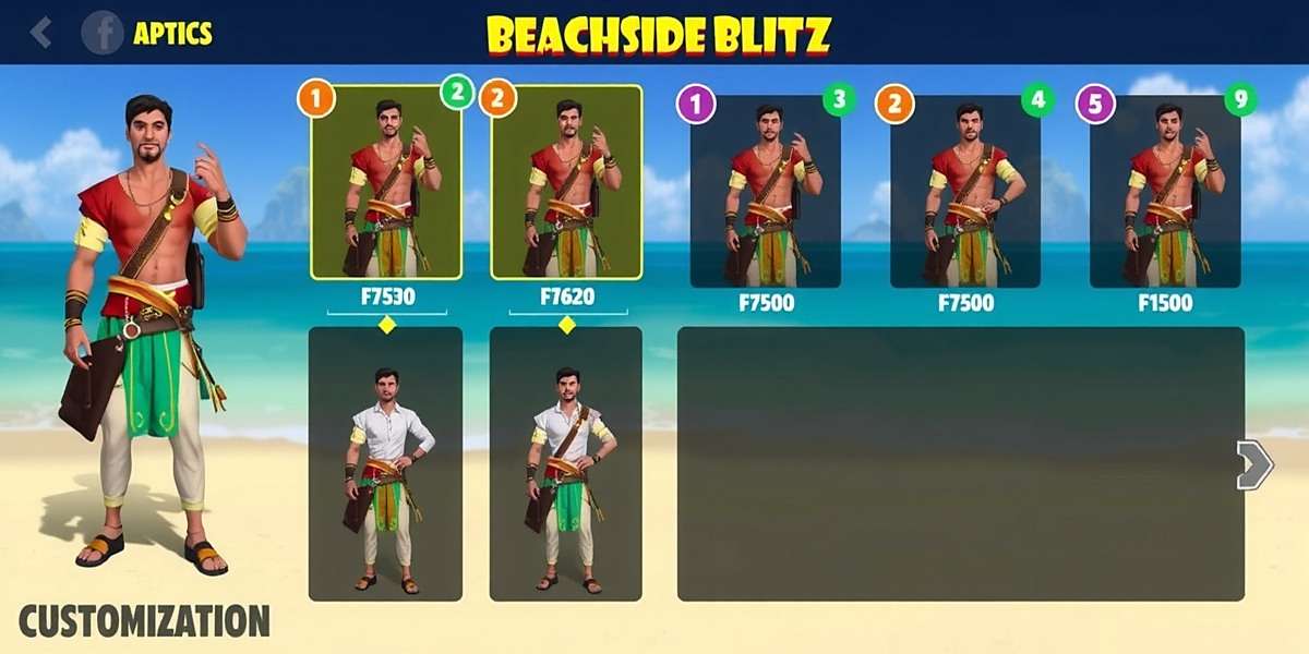 Beachside Blitz Character Customization Beachside Blitz character customization screen showing various Indian clothing options