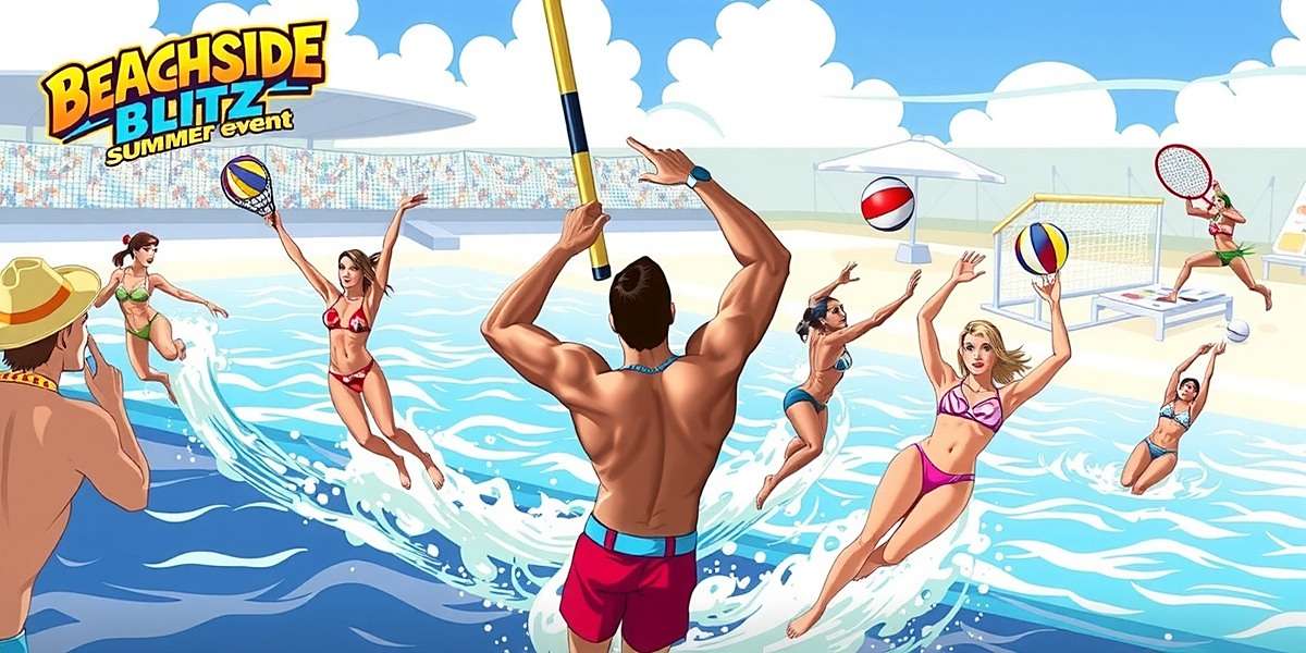 Beachside Blitz Summer Olympics Beachside Blitz Summer Olympics event showing players competing in various beach sports